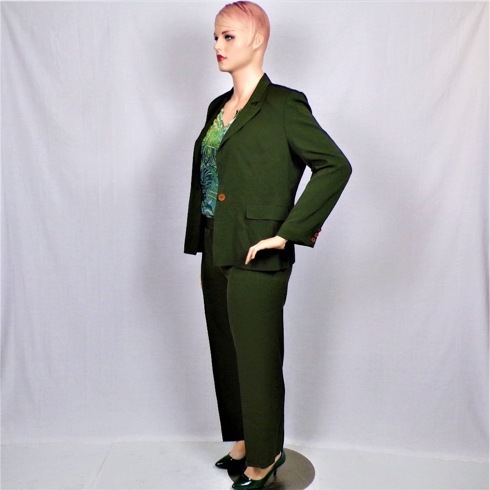 SILK! JOSEPHINE CHAUS size 14 hunter-green 2-piece pant suit 100% silk outer - Picture 8 of 13